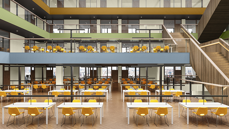 Offenes Klassenzimmer mit Balkonen in der oberen Etage, gestrichen in Blau, Grün und Gelb