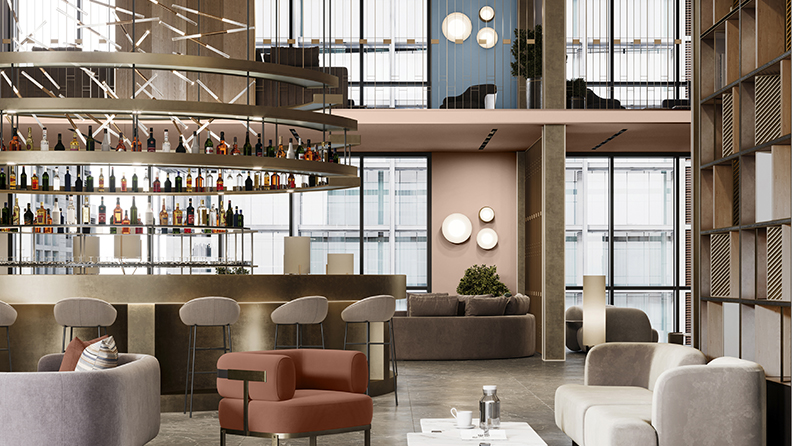 Restaurant lounge/bar with peach and blue walls