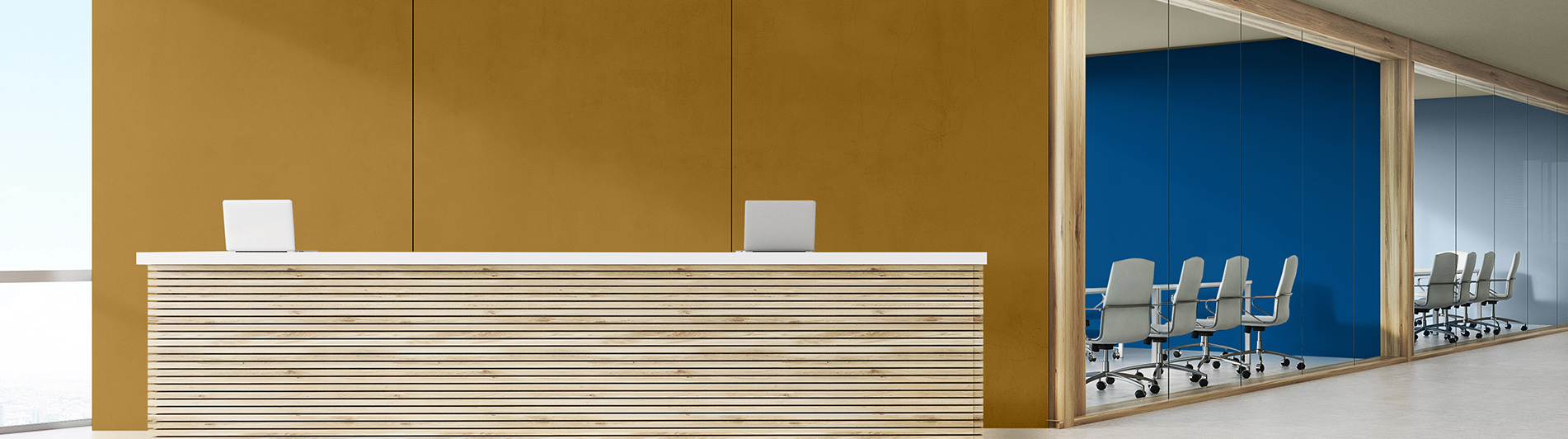 Büroempfang mit ockerfarbenen und blauen Wänden