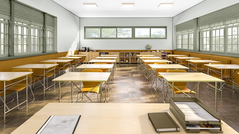 Klassenzimmer mit ocker-gelb geteilter Wand