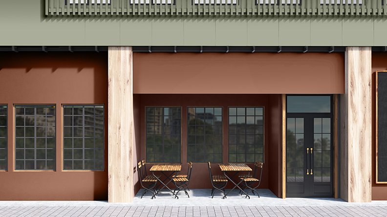 Restaurantfassade in Braun, Grün und Holz