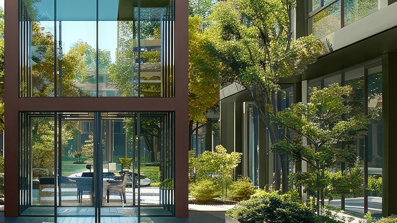 Außenansicht eines Bürogebäudes mit Bäumen und einer zentralen architektonischen Struktur