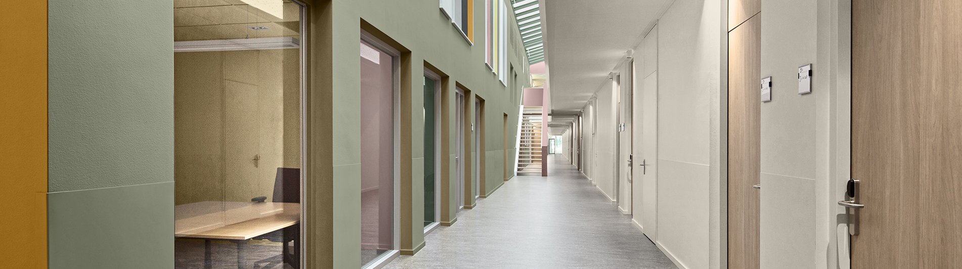 Office reception with ochre and blue walls