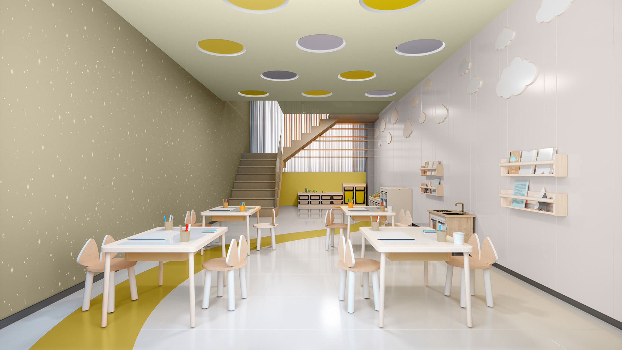 Ein Kinderzimmer mit einer Kombination aus sanften Pastellfarben und warmen Ockertönen