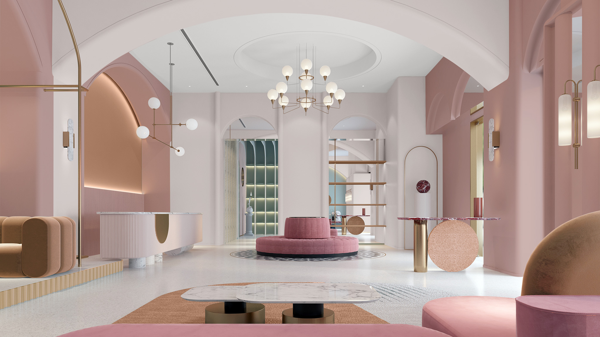 Eine Hotellobby mit Wänden und Möbeln in zartem Rosa. 