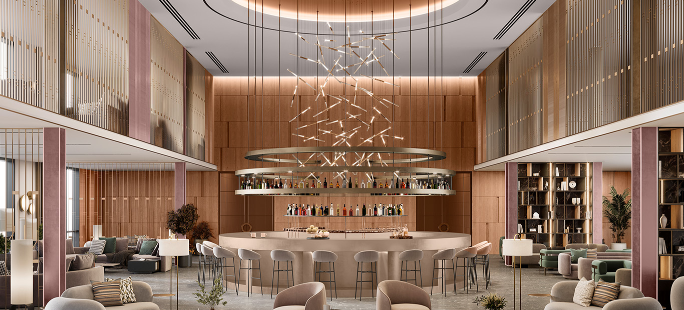 Eine Hotellobby mit warmen Rosa- und Terrakottatönen