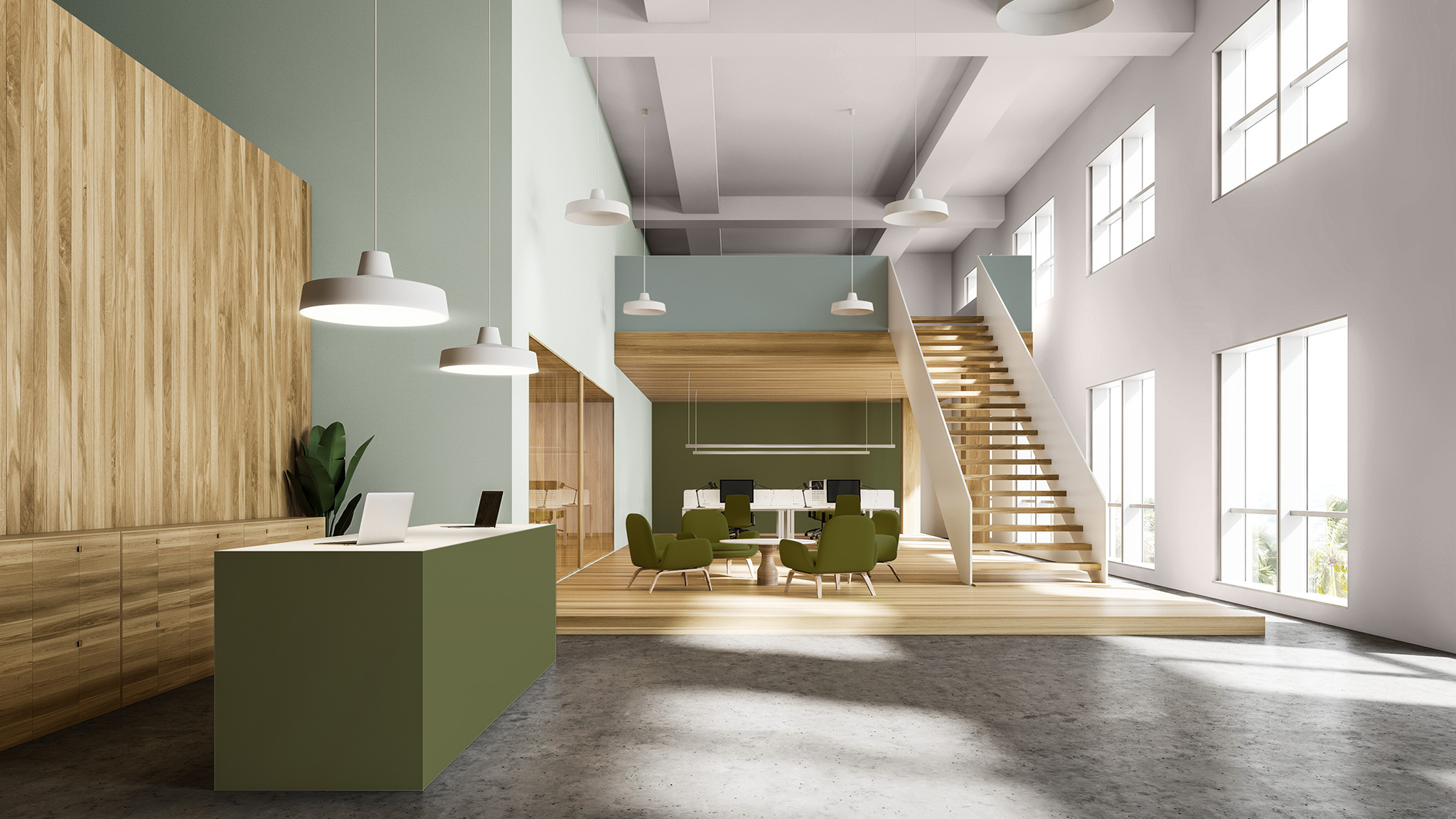 Der Eingangsbereich eines Büros mit Wänden in Pastellgrün und Rosa. Die Rezeption ist in dunklem Grün gehalten.