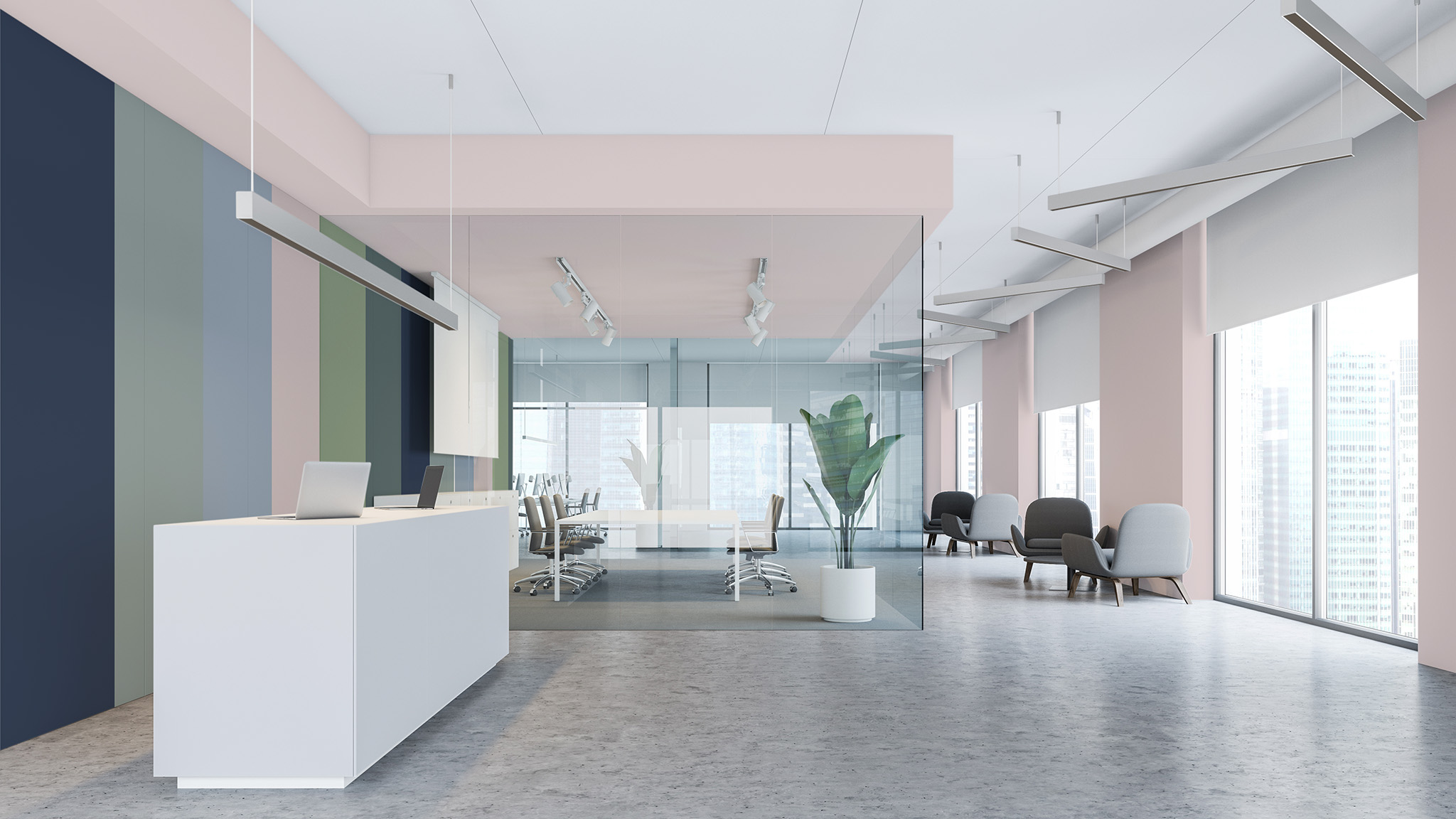 Ein Büro mit einer Rezeption und einem Besprechungsbereich. Eine Wand ist mit verschiedenfarbigen Streifen gestrichen, während die Decke und die gegenüberliegende Wand in Rosa gestrichen sind.