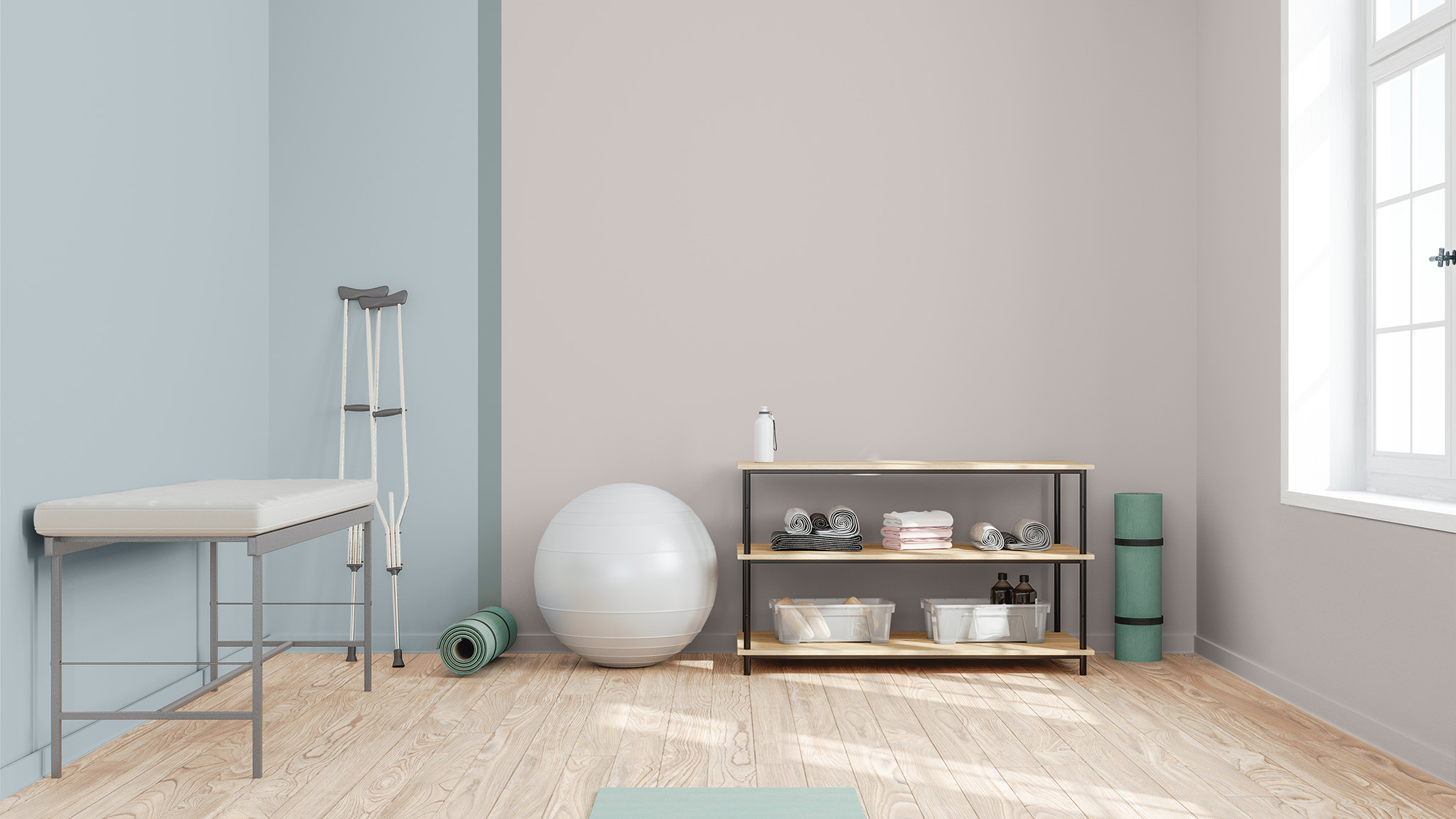 Ein Therapieraum mit einer optischen vertikalen Wandaufteilung.