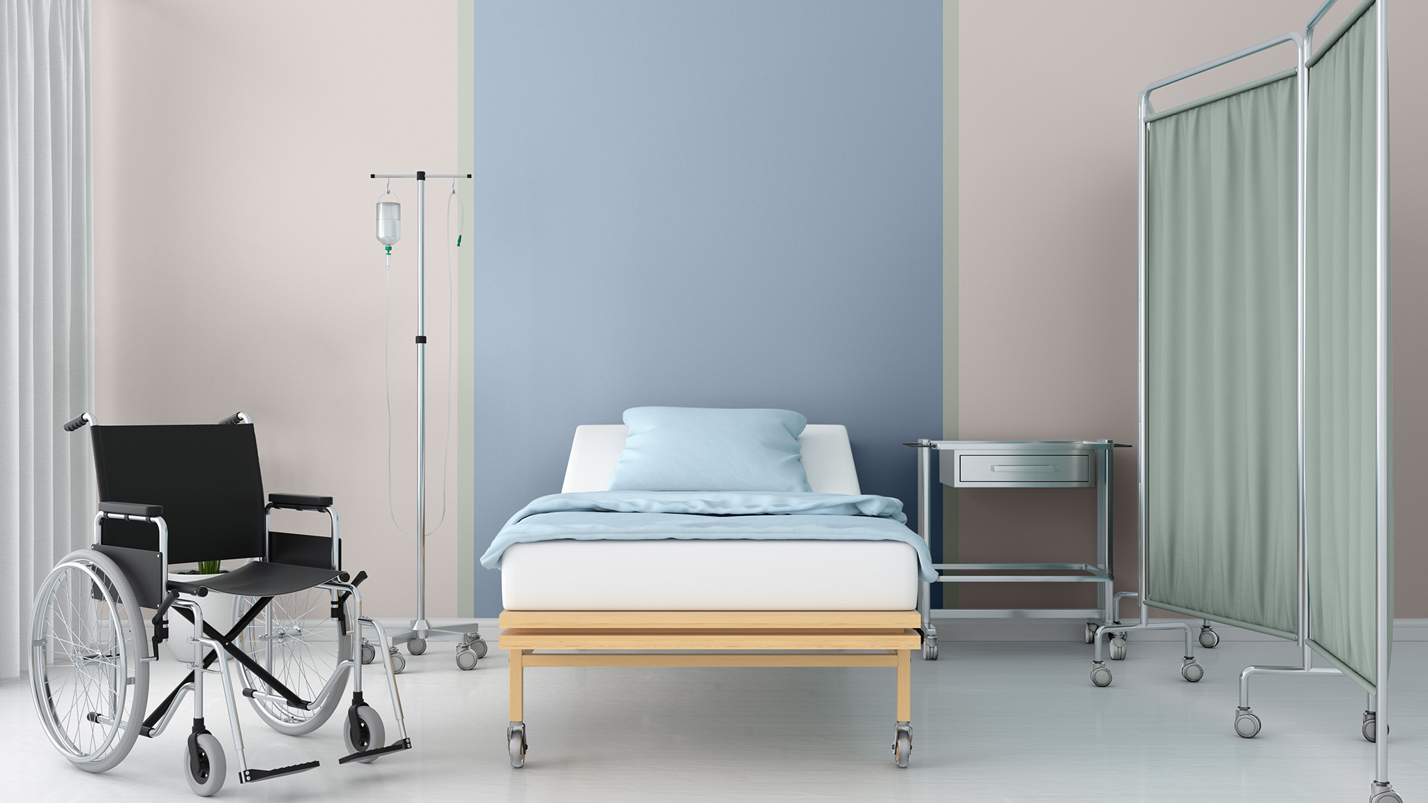 Eine Krankenhausstation mit breiten Streifen in Rosa und Pastellblau.