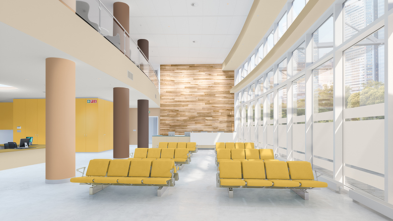 Ein modernes Gesundheitsgebäude mit gelben Stühlen und gelb gestrichenen Wänden