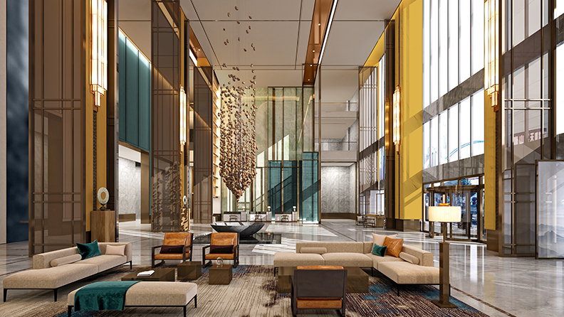 Eine einladende Hotellobby in grün und gelb