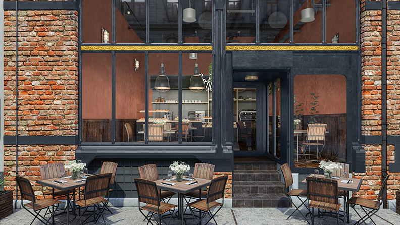 Terrassenbereich in einem Restaurant Durch die Glasfenster kann man eine rote Wand im Inneren erkennen 