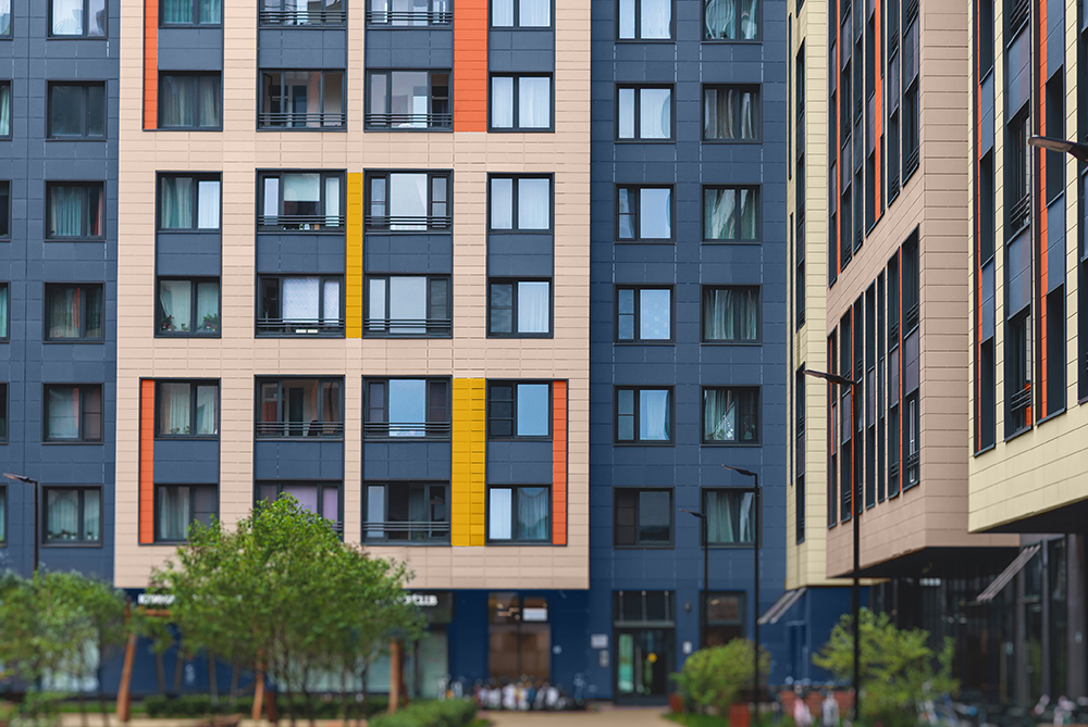 The outside of a modern office painted with sections of bold colours