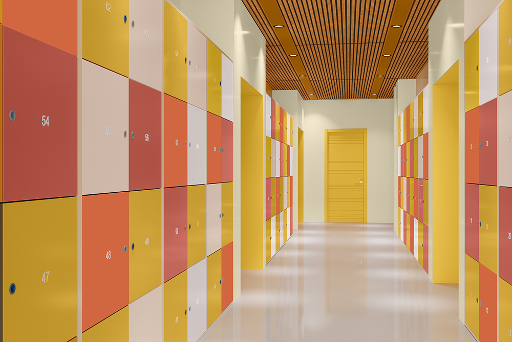 A school corridor with lockers painted different colours