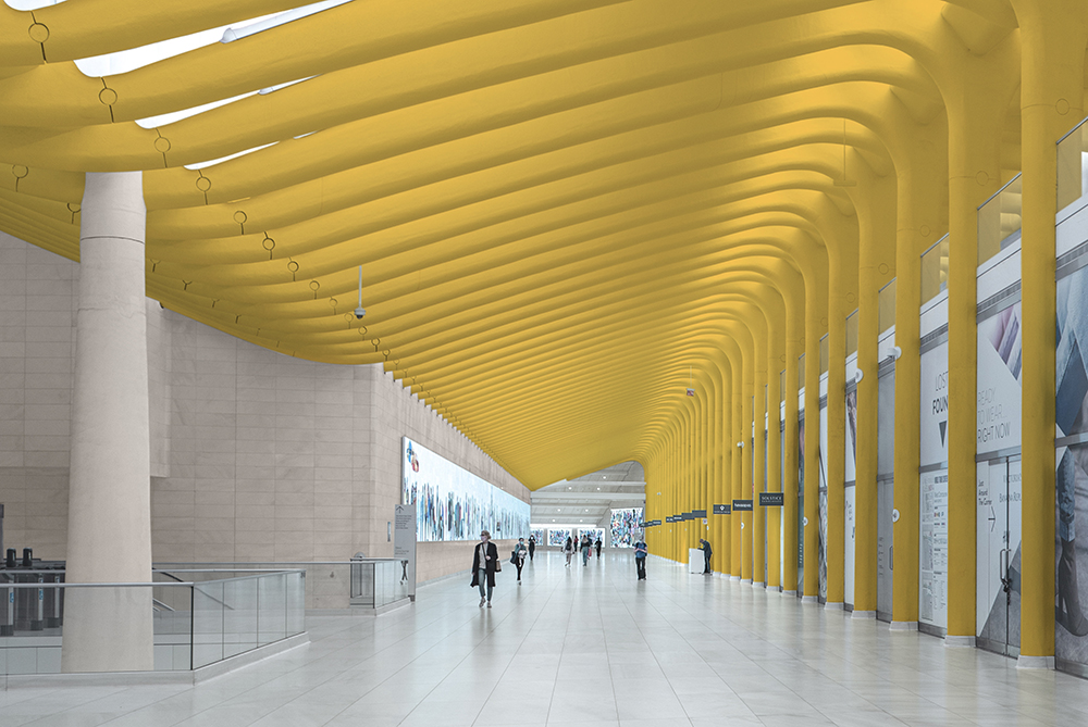 Grand entrance to an office with yellow wall and ceiling. 