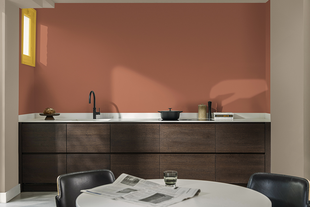 dark wooden kitchen with rusty warm coloured wall