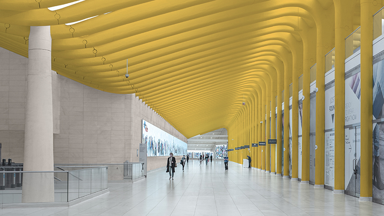 Ein großer Eingangsbereich eines Bürogebäudes mit gelben Wänden und einer gelben Decke